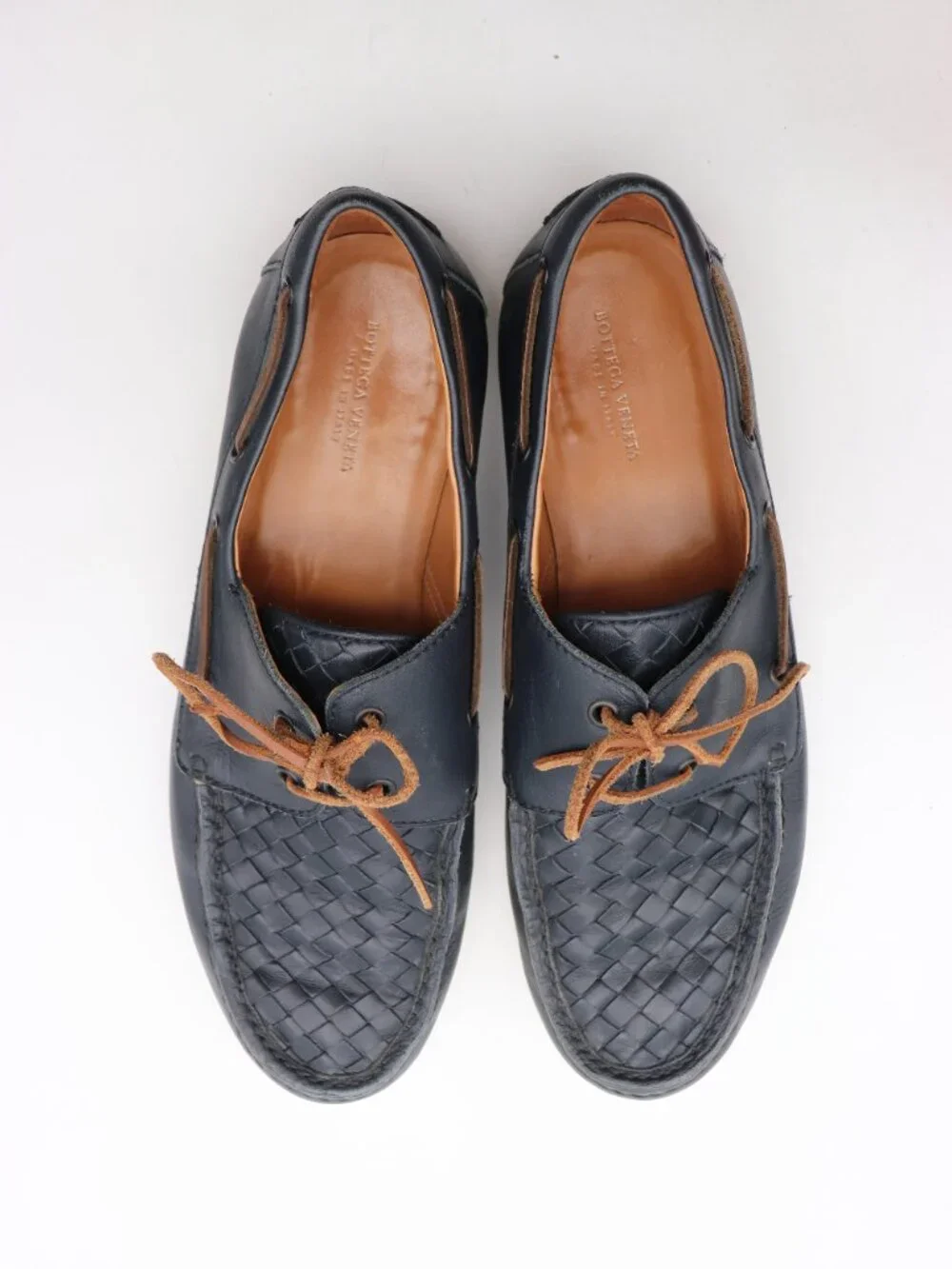Bottega Veneta Boat Shoes Men's Size EU 44.5 Navy Leather Lace Up Loafers Italy